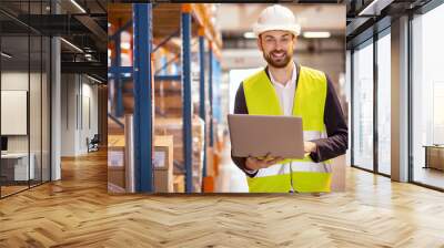 Professional logistics manager. Cheerful nice man smiling while dealing with logistics system in the storehouse Wall mural