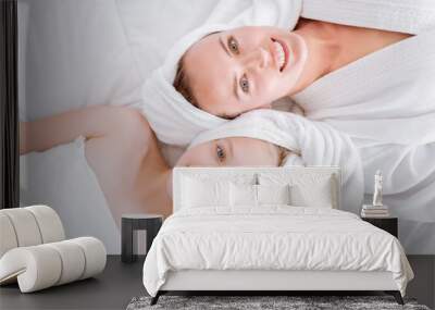 Top view picture of happy mom and daughter Wall mural