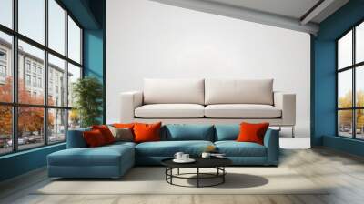 A sleek, low-profile sofa with clean lines, featuring neutral-colored upholstery and slim metal legs, isolated on a white background. Wall mural