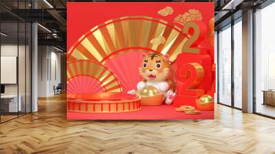 3d Year of the Tiger. 3d rendering tiger and podium with lots of money and gifts behind. Calligraphy for 