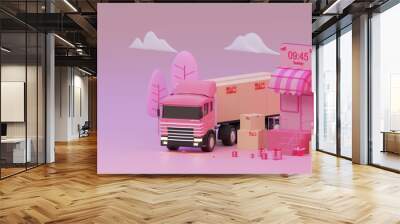 E-commerce concept, Shopping online and delivery service on mobile application, Transportation or food delivery by scooter, 3d rendering Wall mural