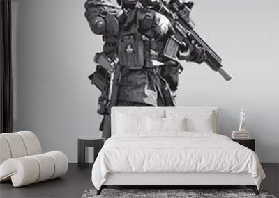 Vector Policeman Tactical Shoot Illustration. Armed police military preparing to shoot with automatic rifle. Wall mural