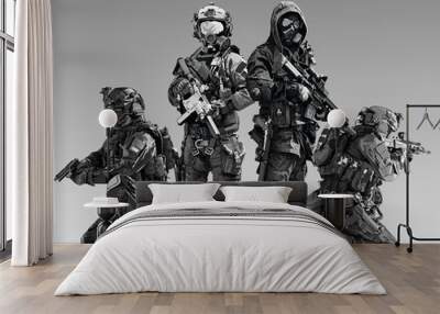 Vector Policeman Tactical Shoot Illustration. Armed police military preparing to shoot with automatic rifle. Wall mural