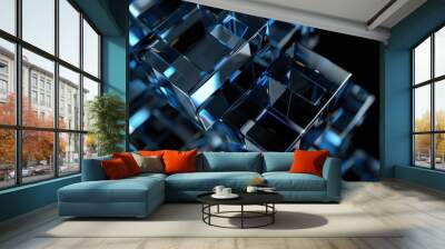 3d abstract modern blue glass cubes on black background, geometric background, transparent cubes Wall mural