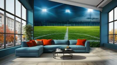 A low angle view of an illuminated empty sports stadium at night, focusing on the lush green turf. Wall mural