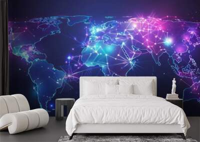 Abstract world map with glowing lines and dots representing global connections. Concepts. technology, communication, internet, network, data, globalization Wall mural