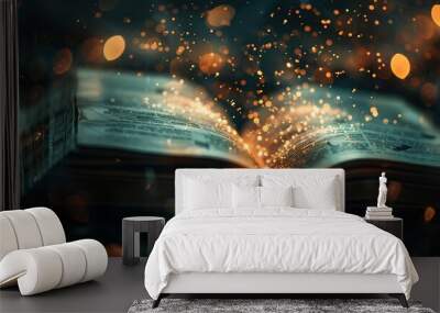 Aged book of magic open emitting magical sparks and smoke,evoking an ancient and fantastical library Wall mural