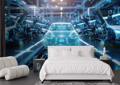 Car Factory Digitalization: Automated Robot Arm Assembly Line Manufacturing High-Tech Sustainable Electric Vehicles Wall mural