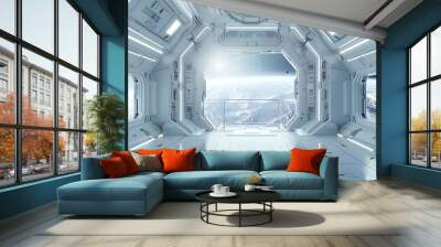 futuristic white space station interior with window view on space and planets 3d rendering Wall mural