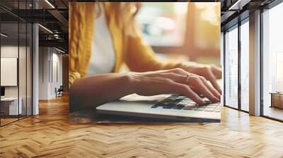 Hands of unrecognizable girl working outside at modern office on background. Businesswoman hands busy working on laptop computer for send emails and surf on a web browser. Concept of work at computer Wall mural