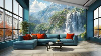 Majestic powerful waterfall wallpaper a landscape mountains trees and a river under a blue sky Wall mural