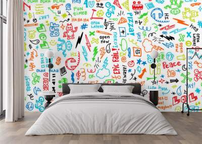 Colorful seamless hand drawn school note doodles pattern with robots, headphones, pizza, and funny phrases. Wall mural