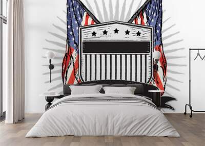 Vector Double American Flags behind Distressed Rustic Shield with Stars & Stripes and Banner. Wall mural