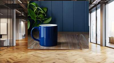 A simple dark wood desk with a cobalt blue mug and a notebook and Ficus is ideal for mockups, Generative AI. Wall mural