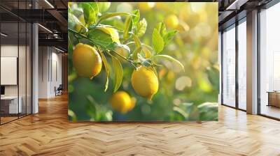 A tree with ripe lemons in a Mediterranean garden, Generative AI. Wall mural