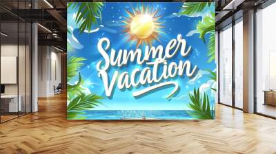 Vector illustration of a summer vacation letters logo with sun. Poster and typographic banner for summer days, Generative AI. Wall mural