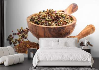 white background with an isolated wooden bowl and scoop with garam masala mix. seasonings and culinary components, Generative AI. Wall mural