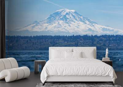 Low Angle View of Majestic Mount Rainier over Ocean Wall mural