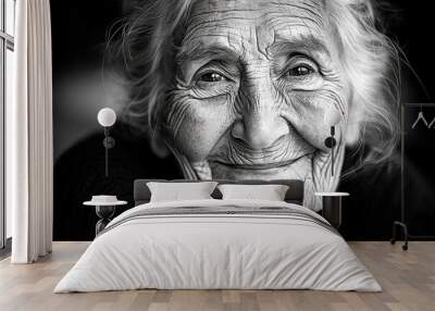 A close-up black and white portrait of an elderly woman smiling, showcasing her deep wrinkles and expressive eyes, highlighting the passage of time and human experience. Wall mural