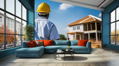 A construction worker wearing a yellow helmet is supervising the construction site of a new house under a clear blue sky, emphasizing building progress and safety measures. Wall mural