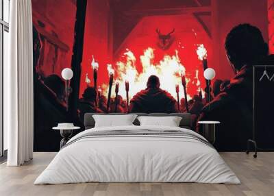 A group of people holding torches standing together in front of a red, ominous wall with a demonic head symbol, creating a dark and intense scene. Wall mural