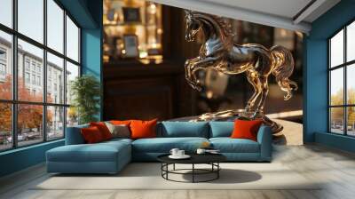 A highly polished bronze horse statue captured indoors with warm lighting, exuding a sense of strength and grace. The sculpture features fine details and craftsmanship. Wall mural