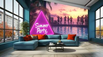 A lively tropical poolside summer party with neon signs and silhouettes of people against a beautiful sunset with palm trees in the background, exuding a vibrant festive atmosphere. Wall mural