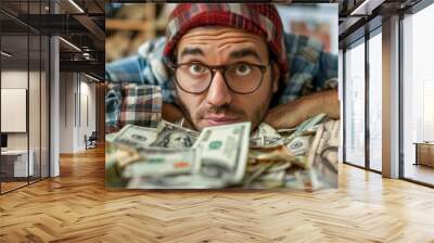 A man wearing glasses and a plaid shirt, with a surprised expression, looks at a large amount of money spread out on a table, creating a scene of unexpected windfall. Wall mural