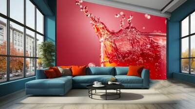 A vibrant image capturing a red beverage splashing in a glass, with bubbles and liquid motion against a matching red background, showcasing the dynamic beauty of liquids in motion. Wall mural