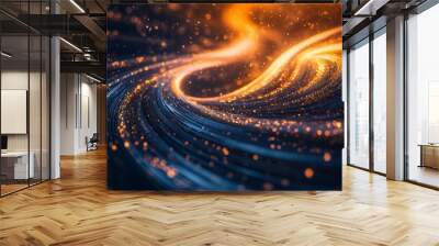 An abstract image featuring dynamic light trails in orange and blue hues, symbolizing movement, energy, and technology in a visually striking pattern. Wall mural