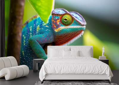 This captivating image features a colorful chameleon resting on a branch amid lush greenery, showcasing the beauty and adaptability of wildlife in their natural habitat. Wall mural