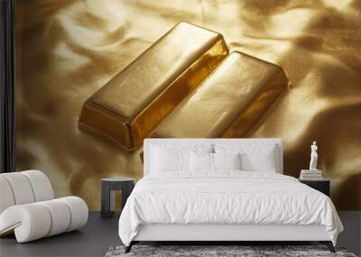 Two gleaming gold bars placed on a luxurious golden fabric, highlighting their smooth and polished texture and exuding an aura of wealth and elegance in a contemporary setting. Wall mural