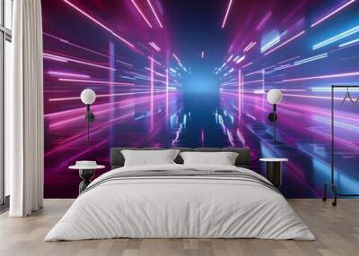 3d abstract technology glowing neon fast speed light background, empty space scene, reflection floor, virtual reality, cyber space futuristic sci-fi background, motion line high speed for mock up. Wall mural