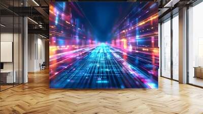 3d abstract technology glowing neon fast speed light background, empty space scene, reflection floor, virtual reality, cyber space futuristic sci-fi background, motion line high speed for mock up. Wall mural