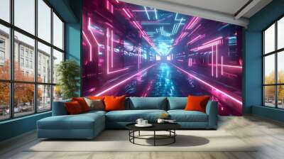 3d abstract technology glowing neon fast speed light background, empty space scene, reflection floor, virtual reality, cyber space futuristic sci-fi background, motion line high speed for mock up. Wall mural