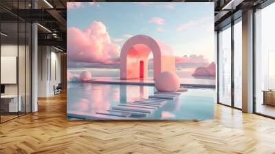 3d Render, Abstract Surreal pastel landscape background with architecture and geometric, beautiful gradient sky scene, lake with clam water, minimal concept. Wall mural