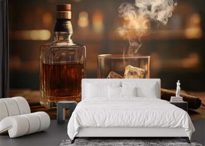 A bottle and a glass of whiskey with ice and a steaming Cuban cigar Wall mural