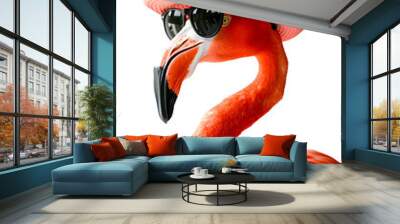 A flamingo wearing sunglasses and a hat, on white background Wall mural