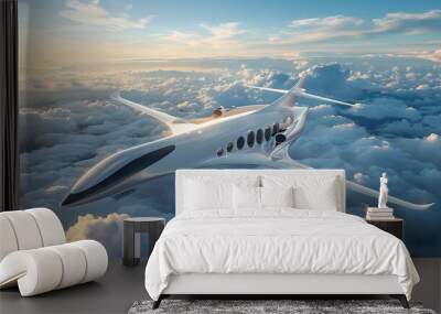 A futuristic hydrogen powered airplane flying above the clouds representing the next generation of sustainable air travel Wall mural