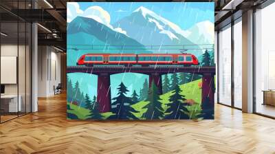 A modern high-speed train crosses an old bridge. A modern train travels by rail to the lobby of a beautiful mountain landscape. Vector illustration of train travel. Vector. Wall mural