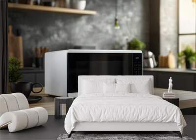 a modern white and black microwave in a house kitchen on the kitchen table. image used for an ad.
 Wall mural