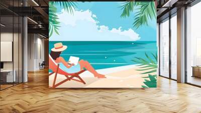 A woman relaxes on a beach chair on a tropical island while working on her laptop, A day off Customizable Semi Flat Illustration Wall mural