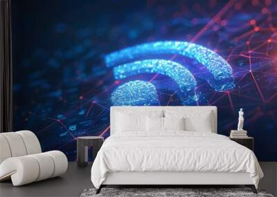 Abstract digital connectivity concept with glowing Wi-Fi symbol on blue background Wall mural