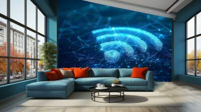 Abstract digital connectivity concept with glowing Wi-Fi symbol on blue background Wall mural