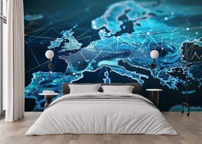 Abstract digital map of Western Europe, concept of European global network and connectivity, data transfer and cyber technology, information exchange and telecommunication Wall mural