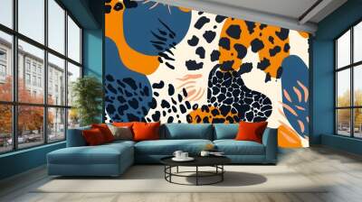 Abstract shapes with leopards print. Creative contemporary seamless pattern. Hand drawn unique print Wall mural