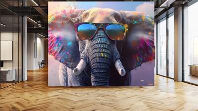 An elephant wearing sunglasses and splashed paint on its back
 Wall mural