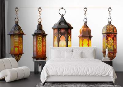 Arabic lanterns banner, lamps with candles isolated on white background.  Wall mural