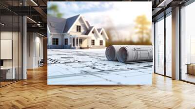 architectural model of houses on blueprint draw, banner layout for building construction plan or real estate sale or for concept of bank loan Wall mural