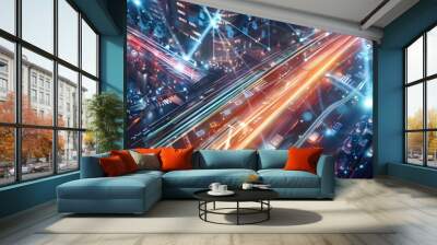 Artistic rendering of a futuristic city where quantum computing has transformed everyday life with smart infrastructure and quantum networks visualized through glowing lines and nodes
 Wall mural